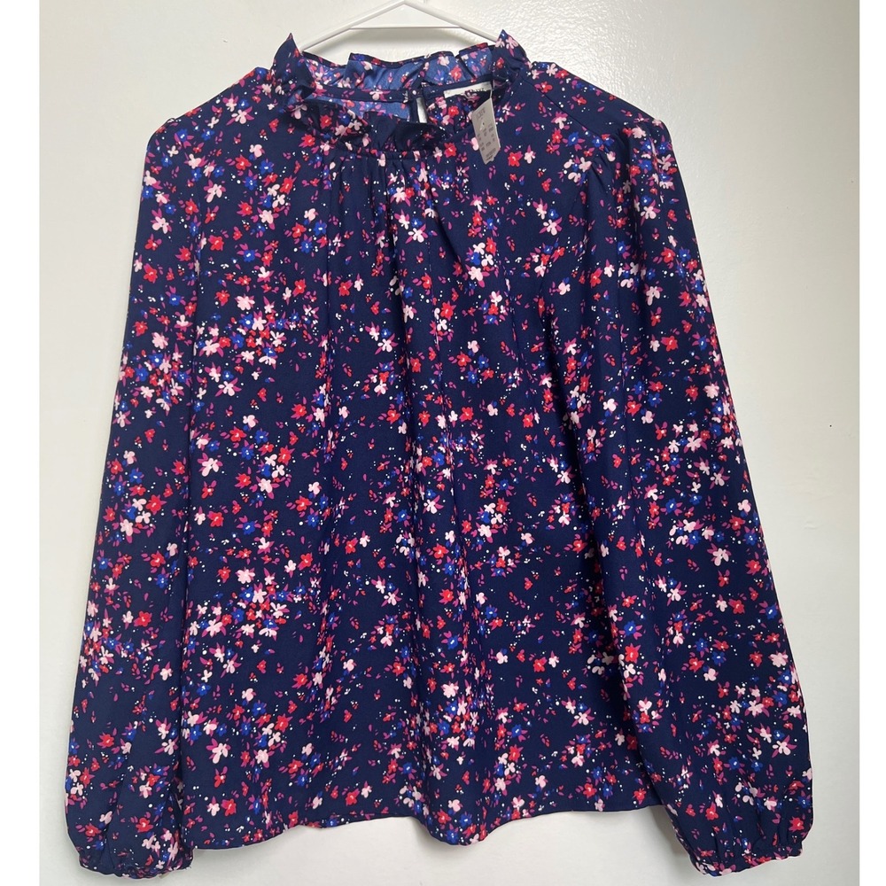 J.Crew Navy Blue Floral‎ Ruffle Neck Long Sleeve Blouse XS Officecore Workwear